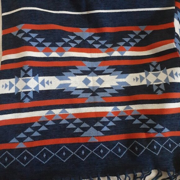 Bradford Exchange Women's One Size Blue Orange Aztec Western Fringe Shawl Wrap - Picture 7 of 8